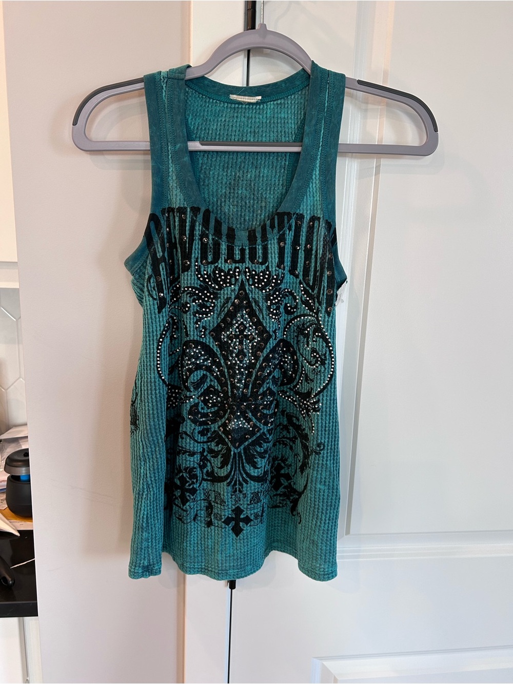 Vocal Apparel Turquoise Rhinestone Fleur De Lis Waffle Knit Tank Top Y2K Style